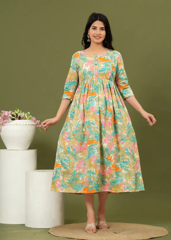 Women Floral Printed Maternity Feeding Dress | Nursing Friendly Feeding Gown | Front Button Pregnancy Dress
