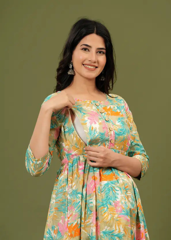 Women Floral Printed Maternity Feeding Dress | Nursing Friendly Feeding Gown | Front Button Pregnancy Dress