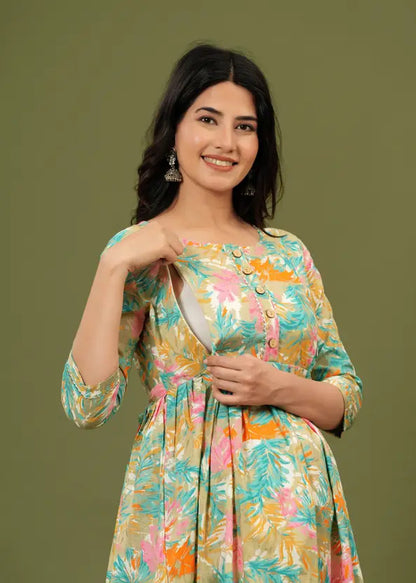 Women Floral Printed Maternity Feeding Dress | Nursing Friendly Feeding Gown | Front Button Pregnancy Dress